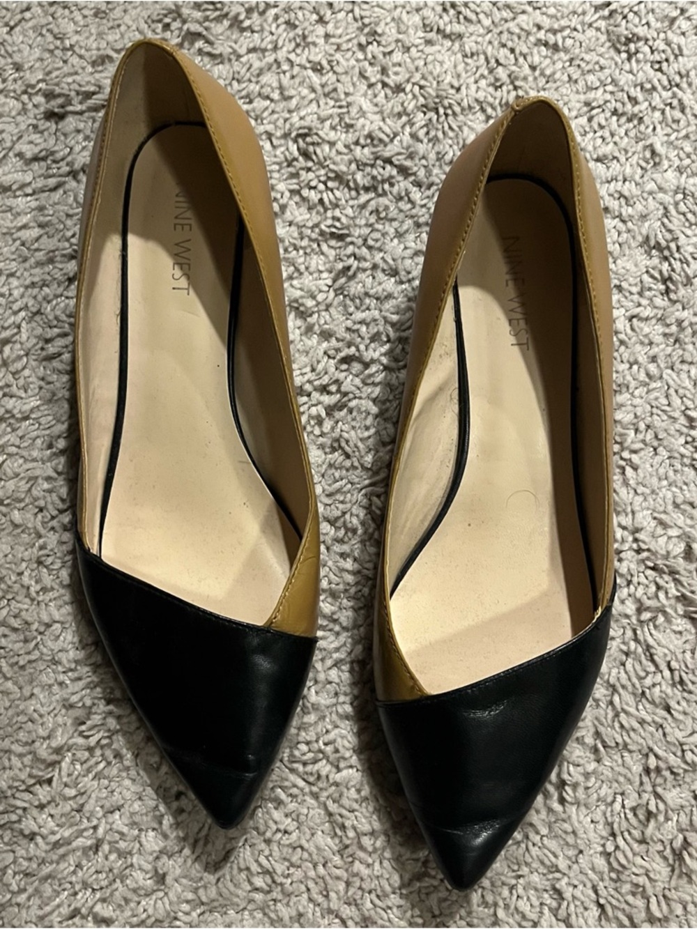 Nine West Black and Tan Pointed Cap Toe Flats